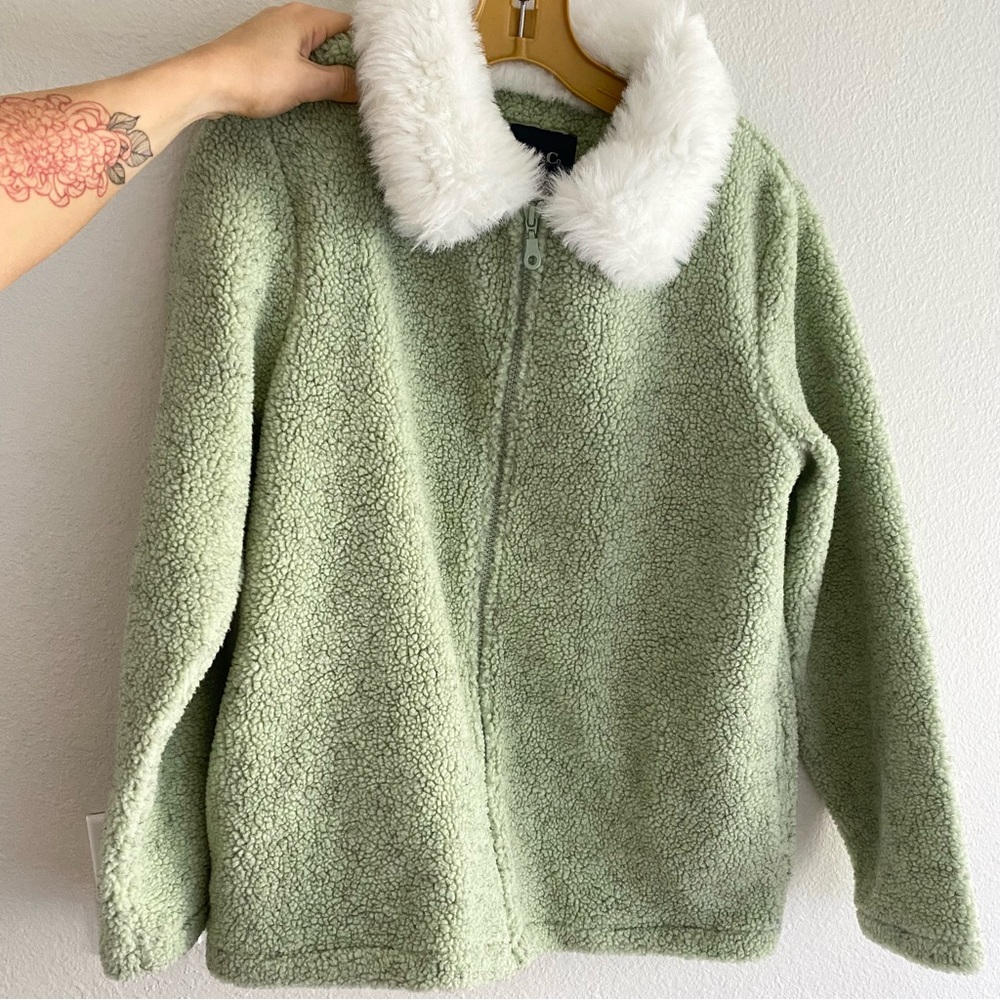 Vintage Fleece Zip Up Jacket Fur Collar- Denim & Co - Sage Green
